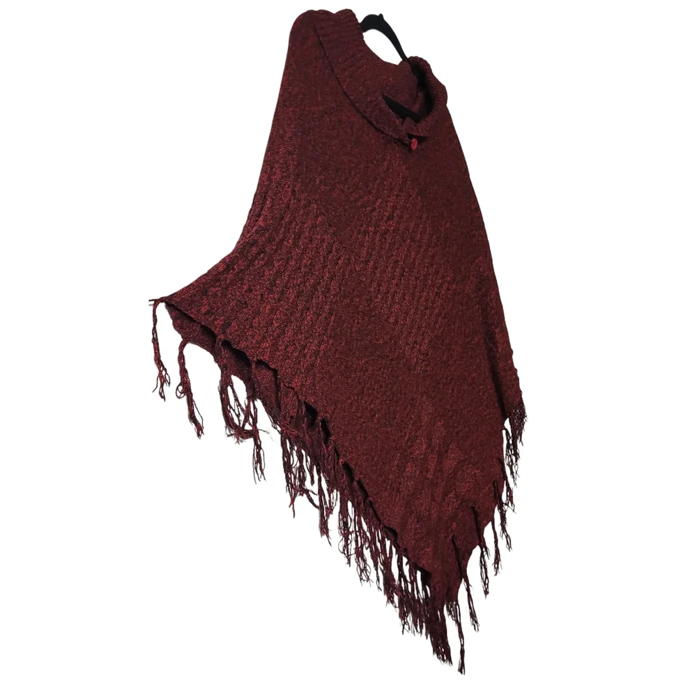 Red Burgundy Knitted Fringe Poncho Sweater One Size Plus - Picture 2 of 6